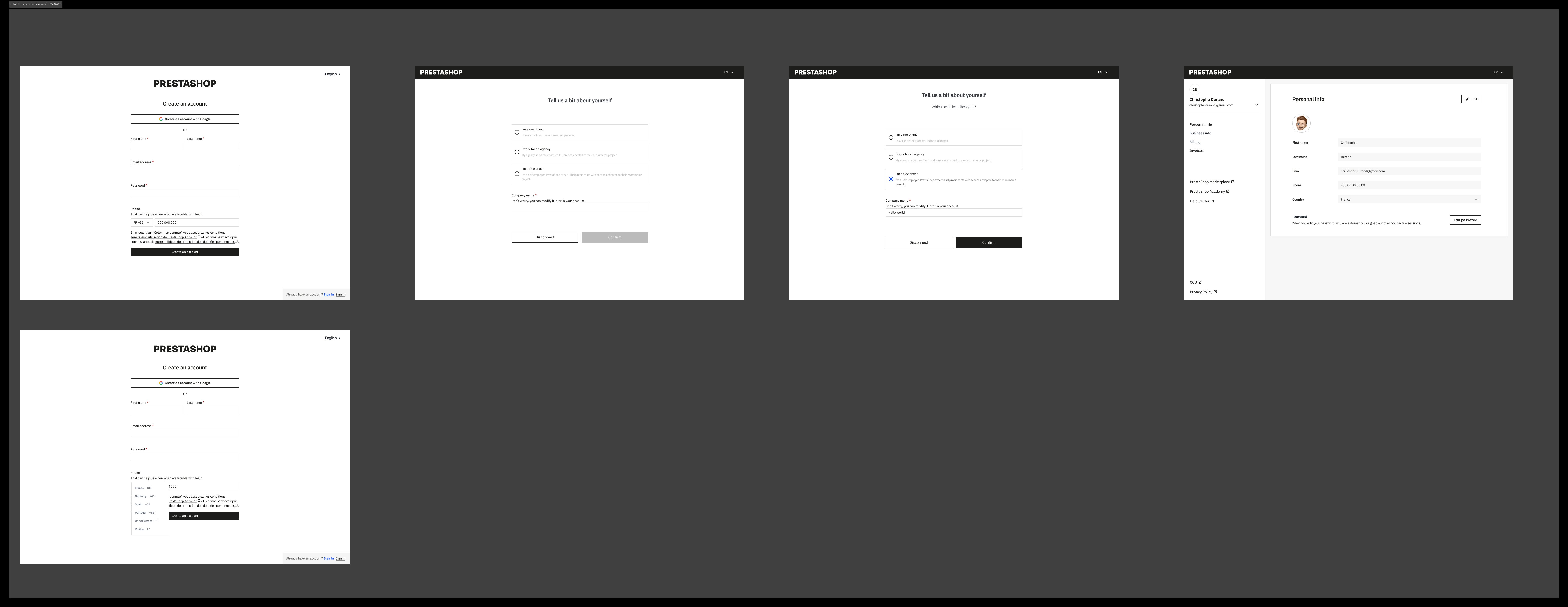 Sign up, Complete flow with freelance/agency variant and account settings